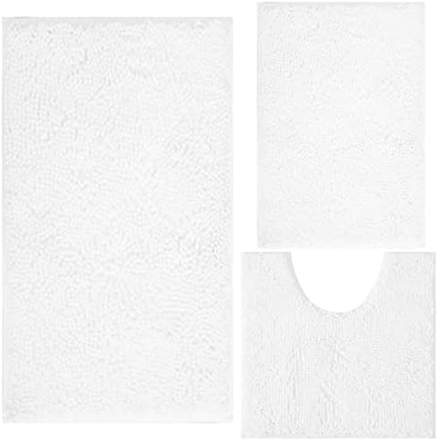 White Bathroom Rugs Chenille 3-Piece Extra Soft and Absorbent Shag White Bath Mat, Machine Wash Mat, Strong PVC Non-Slip Underside, Plush Carpet Mats by BOANKODU
