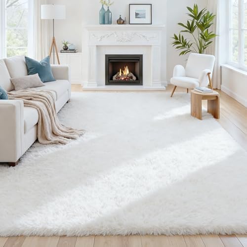 8x10 Fluffy Shag Area Rugs for Living Room Bedroom: Soft Plush Carpet White - Image 3