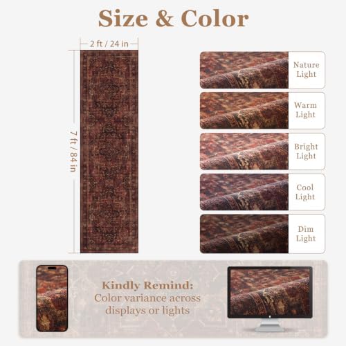 Washable Hallway Runner Rug 2'x7', Vintage Medallion, Dark Red - Image 2