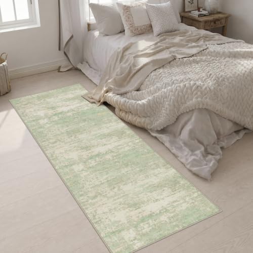 3x8 Washable Runner Rug：Modern Abstract Soft Carpet Green Cream - Image 4