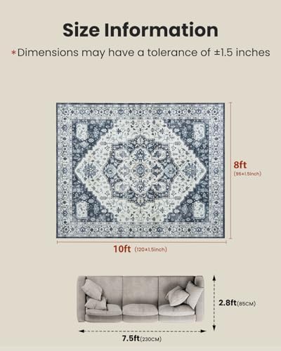 Amada Large 8x10 Washable Area Rug for Living Room, Navy/Blue,Vintage Style - Image 2