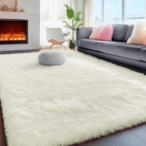 PAGISOFE Fluffy Shag Area Rugs for Bedroom Living Room, Cream White Super Soft Fuzzy Shaggy Carpets for Girls Boys Bedroom,Indoor 4x6 Bedside Rug Kids by PAGISOFE