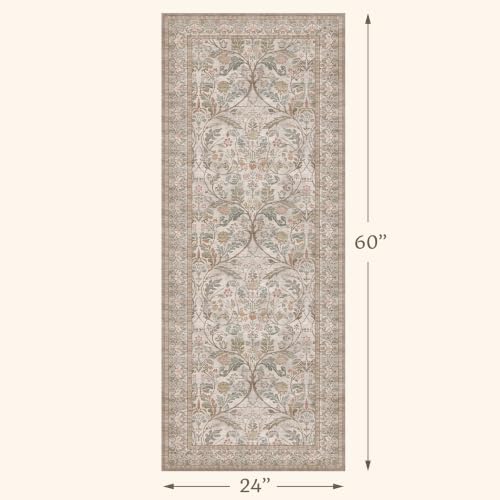 Traditional Floral Moss 2x5 Bathroom Runner Rug Non Slip - Washable Low Pile Kitchen Runner, Thin Neutral Taupe Green Vintage Decor Floor Carpet for Bedroom, Laundry Room, Entrance - Image 2