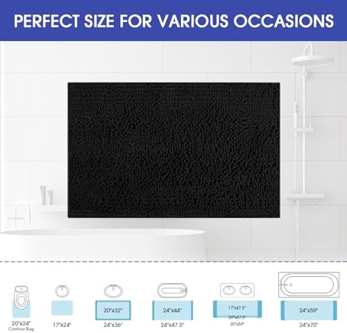 ACCUMTEK Striped Black Bathroom Rug Mat 24"x17" Ultra Soft, Non Slip Chenille Bath Rugs, Absorbent Plush Shaggy Bath Mats for Bathroom, Bedroom, Kitchen, Shower, Tub - Image 2