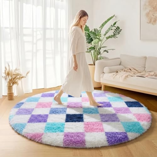 KICMOR Purple Rainbow Round Rugs 5ft for Bedroom Living Room, Cute Fluffy Soft Circle Area Rug Fuzzy Shag Shaggy Carpet, Circular Checkered Rug for Teen Kids Girls Boys Nursery Home Decor Aesthetic - Image 7
