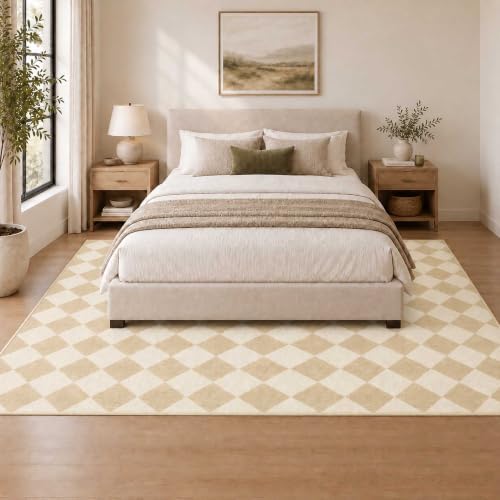 4x6 Checkered Area Rug for Living Room, Soft Low Pile Oat Rugs - Image 2