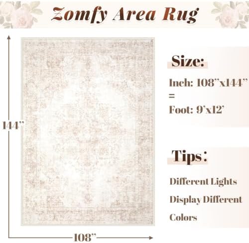 Area Rug 9x12 Vintage Rug: Large Washable Indoor Medallion Rugs Low Pile Distressed Floor Carpet Retro Accent Rug for Living Room Bedroom Kitchen Dining Table Home Office(Retro Beige, 9'x12') - Image 2