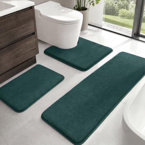 HUXMEYSON Bathroom Rugs Sets 3 Piece, Non-Slip & Quick Dry Bath Mat Set, Ultra Soft Velvet Bath Rugs for Bathroom, Toilet and Shower Floor, Peacock Blue by HUXMEYSON