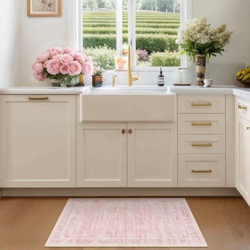 Small Pink Rug 2x3, Aesthetic Area Rug for Girls Bedroom Bedside Vanity, Cute Rug for Nursery Kids Room Dorm Washable Non Slip, Low Pile Thin Indoor Door Mats for Entryway Entrance Kitchen - Image 3