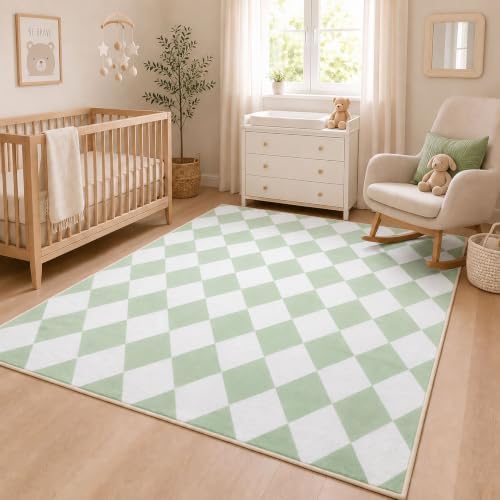 8x10 Checkered Area Rug for Living Room, Soft Low Pile Green Rugs - Image 3