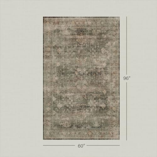 Vintage Moss Green 5x8 Area Rug for Living Room & Bedroom, Washable Boho Dark Academia Distressed Geometric Floral Rug for Dining Room, Non-Slip Low Pile Stain Resistant - Image 2