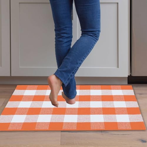 Buffalo Plaid Area Rugs 27.5x43.3 Inches Orange and White Checkered Rug Washable Front Door Mat Outside Entrance Hand Woven Cotton Outdoor Rug for Front Porch Kitchen Entryway Patio Bathroom - Image 7