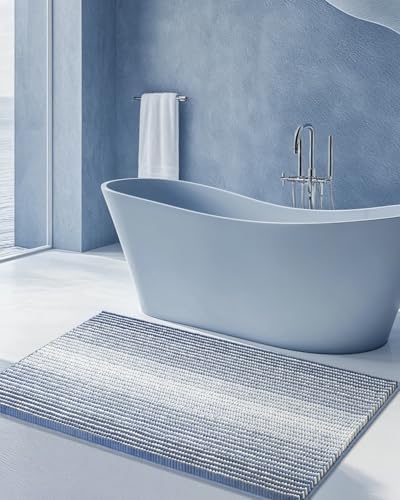 BSICPRO Large Chenille Bathroom Rugs, 24x43 Striped Bath Mats, Fog Blue by BSICPRO