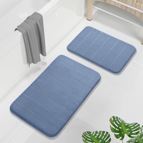 Yimobra Memory Foam Bathroom Rugs Sets 2 Piece - Super Soft Absorbent Quick Dry Bath Mat Set, Machine Washable Non Slip Floor Carpet for Tub Shower & Single Sink (17x24 & 31.5x20 Inch, Denim Blue) by Yimobra