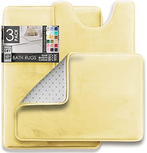 Clara Clark 3 Piece Bathroom Rugs Bath Mat Set, Velvet Memory Foam Bath Mats for Bathroom - Non-Slip, PVC Backing Bath Rugs, Washable - Dries Quickly, Yellow - Image 2