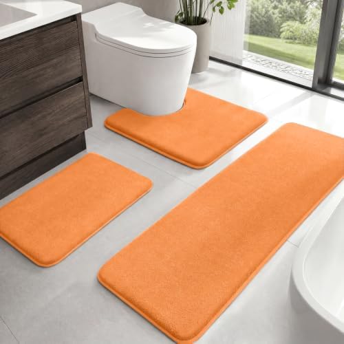 HUXMEYSON Bathroom Rugs Sets 3 Piece, Non-Slip & Quick Dry Bath Mat Set, Ultra Soft Velvet Bath Rugs for Bathroom, Toilet and Shower Floor, Orange by HUXMEYSON