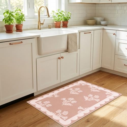 Pink Boho Bathroom Rug - 2x3 Scalloped Floral Girls Bedroom Rugs - Image 5