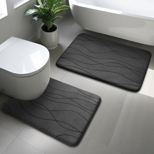 YIHOUSE Bathroom Rugs Set 2 Piece, Memory Foam Bath Mat Dark Grey - Image 7