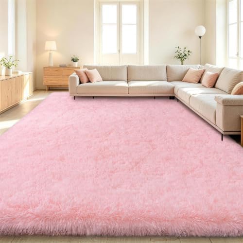 9x12 Large Fluffy Pink Rug for Bedroom Girls Living Room, Washable Non-Slip by WISHTREE