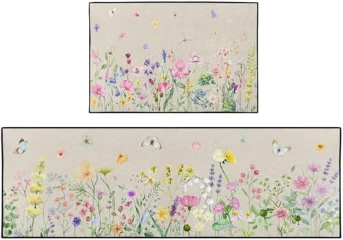 Kitchen Rugs Set of 2 Non Slip WashableWildflower Floral by Nesphy