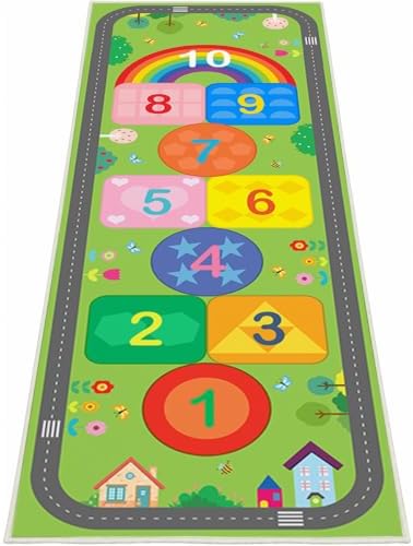 Hop and Count Hopscotch Rug for Kids, Educational Classroom Rugs with Geometric Shapes Number, Non Slip Kids Play Mat Rug Game Carpet for Bedroom Nursery Daycare Boy Girl - Green, 24''x72'' by Bildenly