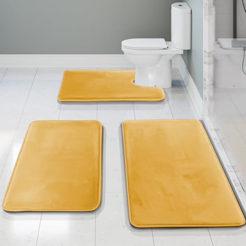 Clara Clark Bathroom Rug Set, 3 Piece Velvet Memory Foam Bath Mats with Non-Slip PVC Backing, Gold by ClaraClark