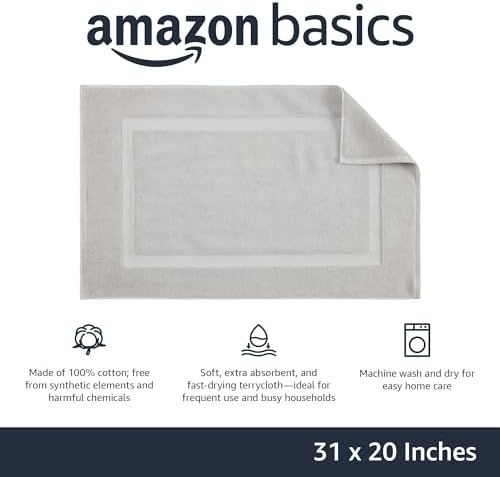 Amazon Basics Banded Bathroom Bath Rug Mat, 100% Cotton, 31 x 20 inches, Soft Silver - Image 3
