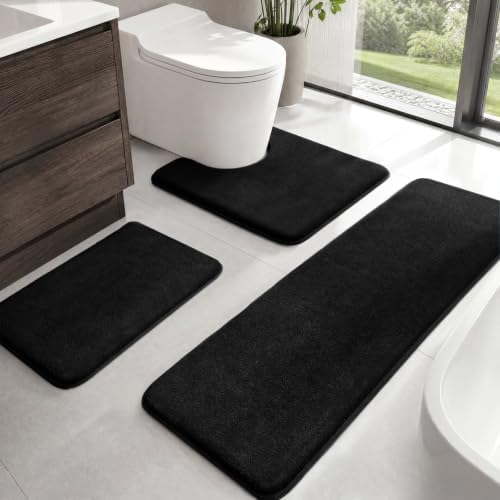 HUXMEYSON Bathroom Rugs Sets 3 Piece, Non-Slip & Quick Dry Bath Mat Set, Ultra Soft Velvet Bath Rugs for Bathroom, Toilet and Shower Floor, Black by HUXMEYSON