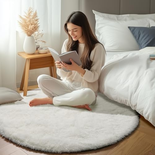 ONASAR Cream White Round Rugs 5ft for Bedroom Living Room, Ivory Fluffy Circle Area Rug for Kids Girls Boys Teen, Soft Plush Shaggy Carpet for Nursery Dorm Classroom Playroom Home Decor Aesthetic - Image 6
