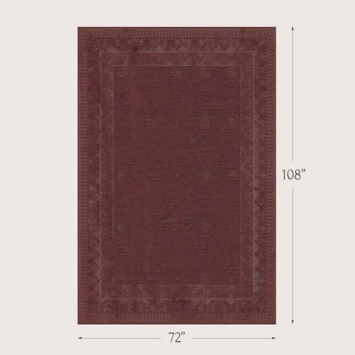 6x9 Washable Dining Room Rugs for Under Table, Muted Burgundy Vintage Distressed Rug for Living Room & Bedroom, Non-Slip Low Pile Stain Resistant Floor Carpet, Traditional Farmhouse Décor - Image 2