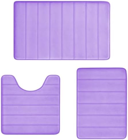 RUN HELIX Lavender Bathroom Rug Set 3 Pieces Ultra Soft, Striped Non Slip Memory Foam Toilet Mat, Absorbent Plush Shaggy Bath Mats for Bathroom, Bedroom, Kitchen by RUNHELIX