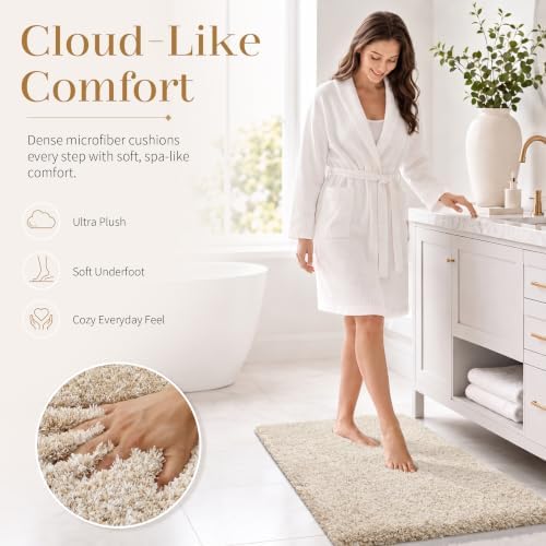 Yimobra Bathroom Runner Rug 47x24, Non Slip Washable Bath Mat, Beige&White - Image 3