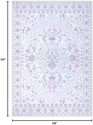 Wonnitar Floral Purple Rug for Nursery, Washable 5x7 Kids Rug, Boho Ultra-Thin Soft Non Slip Vintage Carpet for Bedroom Dorm Living Room Playroom Office, Pale Purple - Image 2