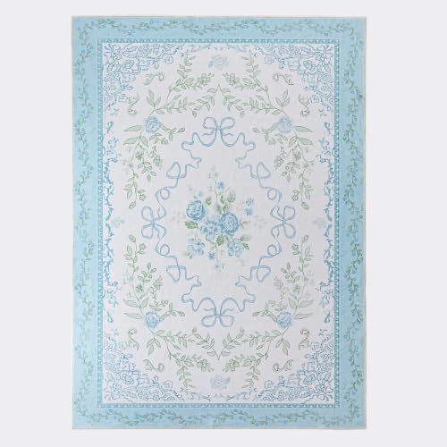 Blue and Green Floral Rug, Light Blue Preppy Rug for Nursery Girls Room Dorm, Washable French Country Cottage Core Shabby Chic Bow Grand Millenial Scalloped Area Rug, 5x7, Baby Blue and White - Image 4