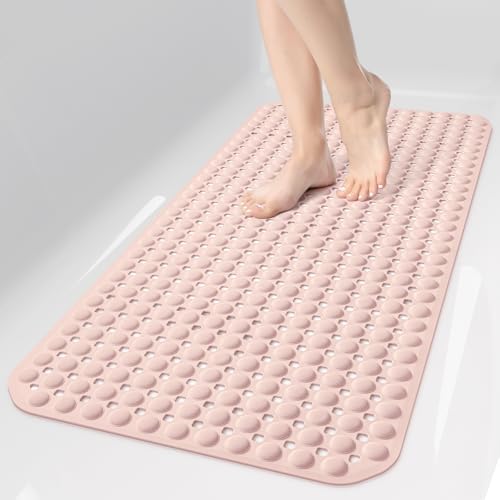 OTHWAY Bath Tub Shower Mat Non Slip, Bathtub Floor Liner Mats for Inside Shower Bathroom, Suction Cups and Drain Holes for Feet Scrubbing, Machine Washable, Soft on Feet, 35x16 Inch, Light Pink by OTHWAY