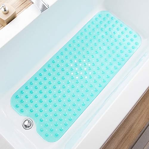 TEESHLY Bathtub Mats for Shower Tub, Extra Long Non-Slip 39 x 16 Inch Bath Mat with Drain Holes and Suction Cups, BathMat for Bathroom with Machine Washable (Clear Turquoise) by TEESHLY