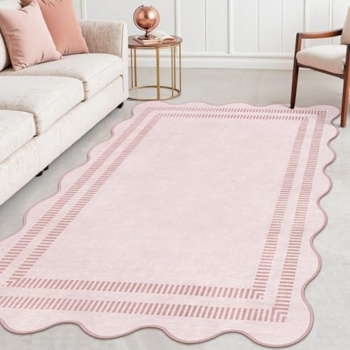 Washable 3x5 Indoor Entryway Rug, Solid Pink Non Slip Rugs for Bedroom Girls, Stain Resistant Scalloped Soft Carpet for Nursery Dorm Kitchen by LORWER