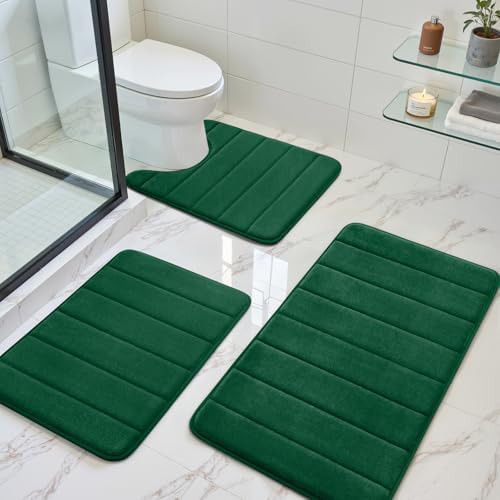 BYSURE Dark Green Memory Foam Bathroom Rug Set 3 Piece by BYSURE