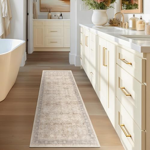 Beige Neutral 2x6 Runner Rug for Hallways Entryway, Vintage Earth Tone Kitchen Bathroom Runner 6ft, Non Slip Washable Low Pile Thin Carpet Runner for Mudroom/Laundry Room/Bedroom Bedside - Image 4