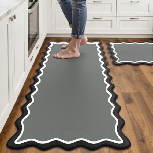 Arenarug Scalloped Kitchen Mats for Floor, Black Gray Kitchen Rugs Set of 2 by ArenaRug