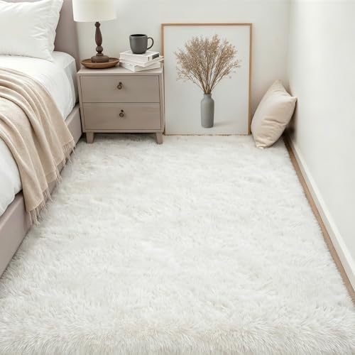 Area Rug Living Room Bedroom: 4x6 Fluffy Plush Shag Carpet Ivory - Image 3