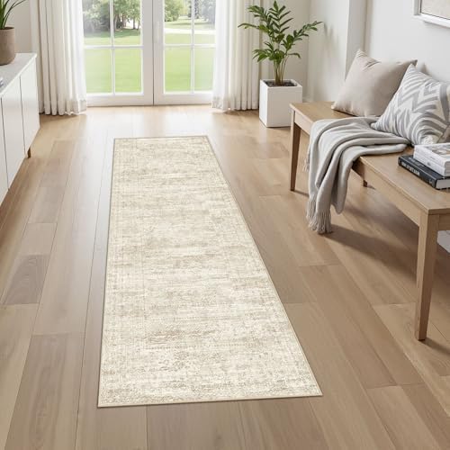 UERMEI 3x8 Washable Runner Rug for Hallway, Non Slip Low Pile Kitchen Carpet, Neutral Modern Abstract Indoor Floor Mat for Entryway Laundry, Kid & Pet Safe High Traffic Area, Beige/Brown by UERMEI