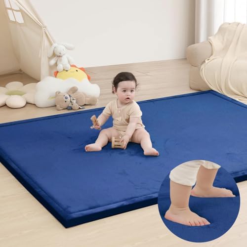 Large 79"x110" Baby Activity Play Mat for Floor,1.3" Thick Elasti Foam Cushion Mat for Tummy Time & Crawling,Non-Slip&Safe for Infants,Toddlers & Kids, for Living Room,Classroom & Playroom（Dark Blue) by HulooSleep