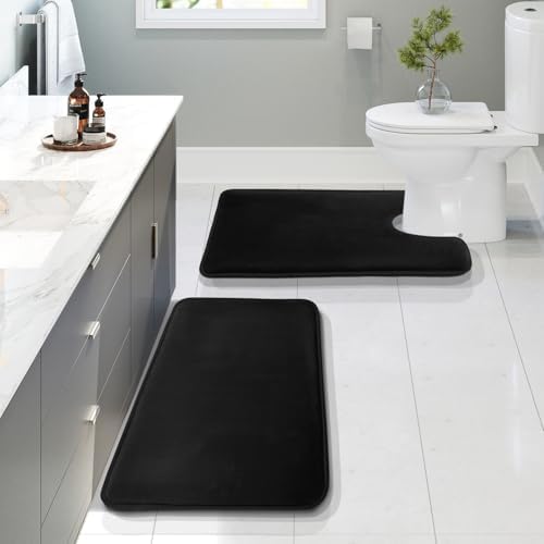 Clara Clark 2 Piece Bathroom Rugs, Velvet Memory Foam Bath Mat Set, Non-Slip Bath Rugs, Machine Wash, Dries Quickly, Ultra Soft Plush Bath Mats for Bathroom, 20 x 32 + Contour, Black by ClaraClark