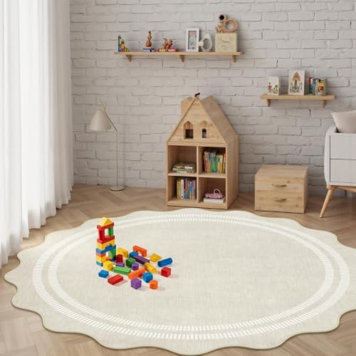 Round Area Rugs 6ft for Bedroom, Ivory Washable Circle Rug Soft Non Slip Floor Scalloped Carpet Indoor Thin Rug for Living Room Dining Room Playroom Nursery - Image 7