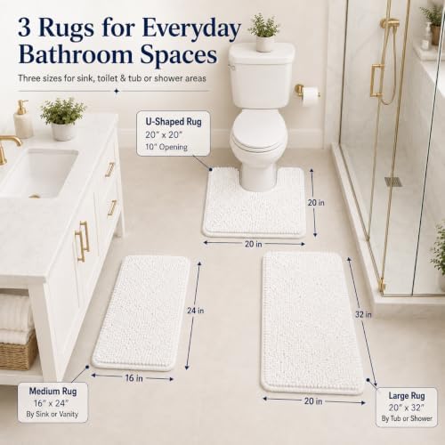 White Bathroom Rugs Chenille Bath Mat Set 3 Piece, Extra Soft, and Absorbent Shaggy Rugs, Machine Wash and Dry, Perfect Plush Carpet Mats for Tub, Shower, Bathroom Rug Mats - Image 2