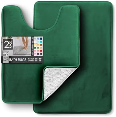Clara Clark 2 Piece Bathroom Rugs, Velvet Memory Foam Bath Mat Set, Non-Slip Bath Rugs, Machine Wash, Dries Quickly, Ultra Soft Plush Bath Mats for Bathroom, 17 x 24 + Contour, Hunter Green - Image 3