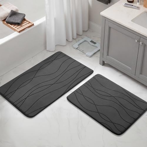YIHOUSE Bathroom Rugs Set 2 Piece, Memory Foam Bath Mat Dark Grey - Image 3