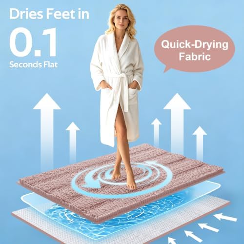Striped Dusty Pink Bathroom Rug Set 3 Pieces Ultra Soft, Non Slip Chenille Bath Carpet, Absorbent Plush Shaggy Bath Mats for Bathroom, Toilet, Bedroom, Kitchen - Image 3