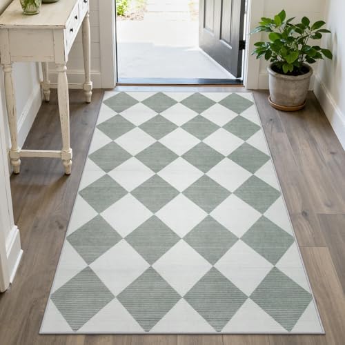Beeiva Checkered Print 3x5 Washable Rug for Entryway, Non Slip Soft Small Bedroom Rug 3x5 Ultra Thin Moroccan Bathrooom Decor, Gingham Plaid Carpet for Laundry Entry Kitchen Nursery (Green/White) by Beeiva